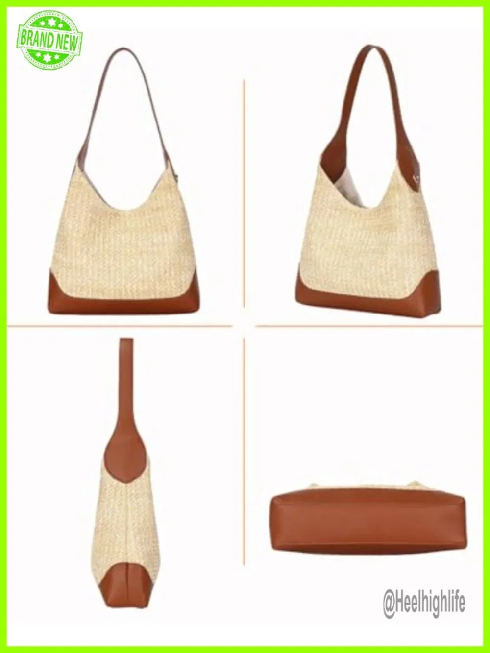 Handwoven Straw Hobo Shoulder Bag with Faux Leather Trim, Magnetic Closure,